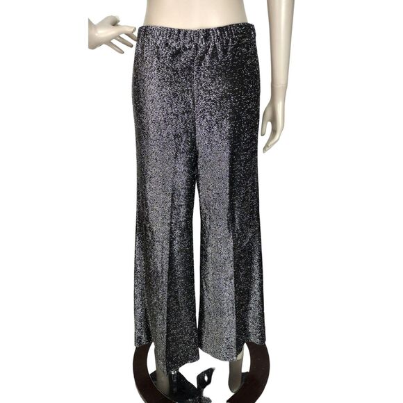 Vintage 70s Lurex Black Metallic Silver Elastic High-Waist Wide Leg Pants S/M/L - Picture 1 of 10